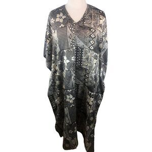 Sante Classics Brown Floral Satin Kaftan OS Beaded Hawaiian Lounge Beach House